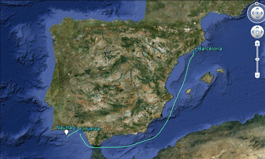 La ruta no correspon a les coordenades reals.  El naufragi fou a prop del poble d'Olhao (Portugal) 