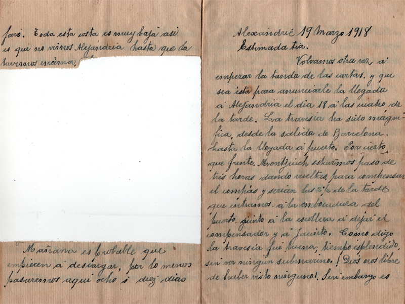 Fragment censurat de la carta enviada a Maria Llosas des d'Alexandria