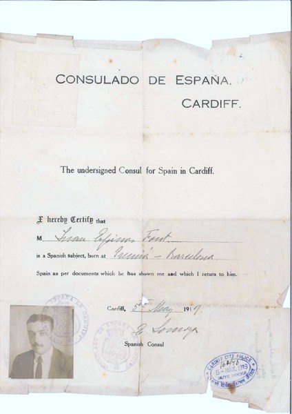 Permís expedit pel Consul d'Espanya a Cardiff 